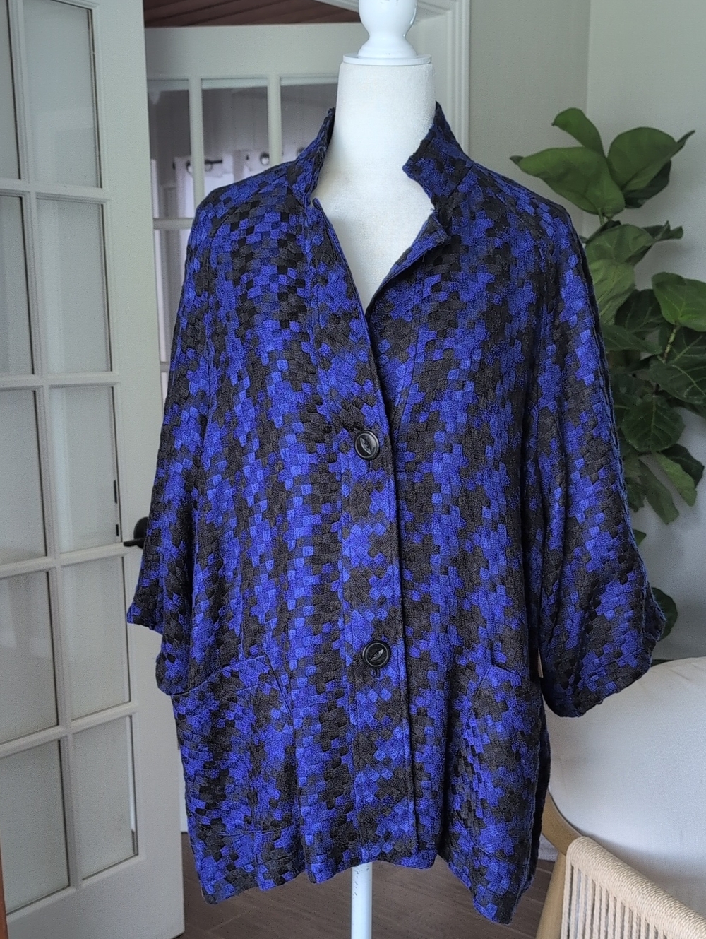 Nwt Coldwater Creek Blue & Black Houndtooth Women's Button-Front Cabin Jacket 1X